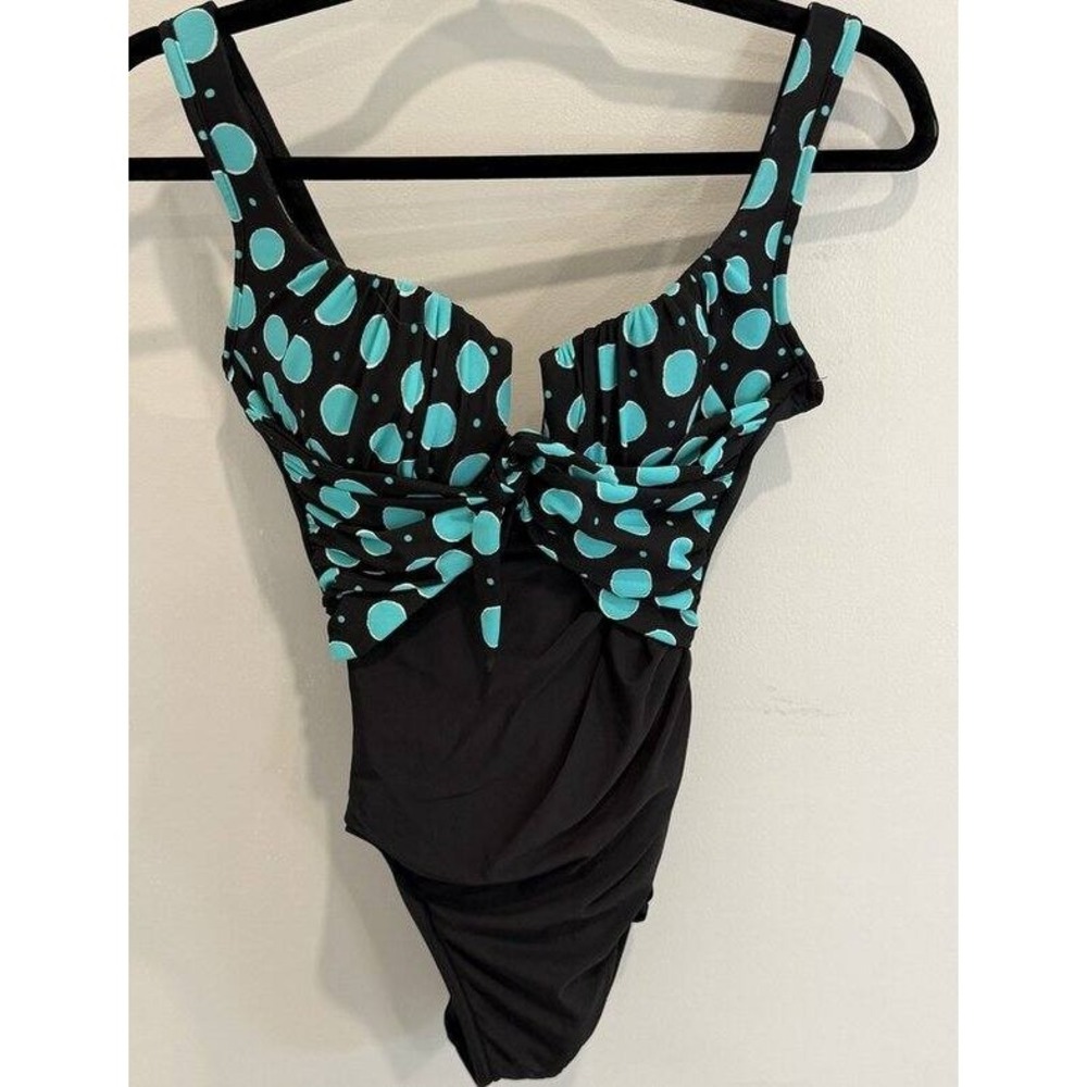 Miraclesuit One Piece Swimsuit Black Teal Dot Padded Cups Underwire Tie Size 8